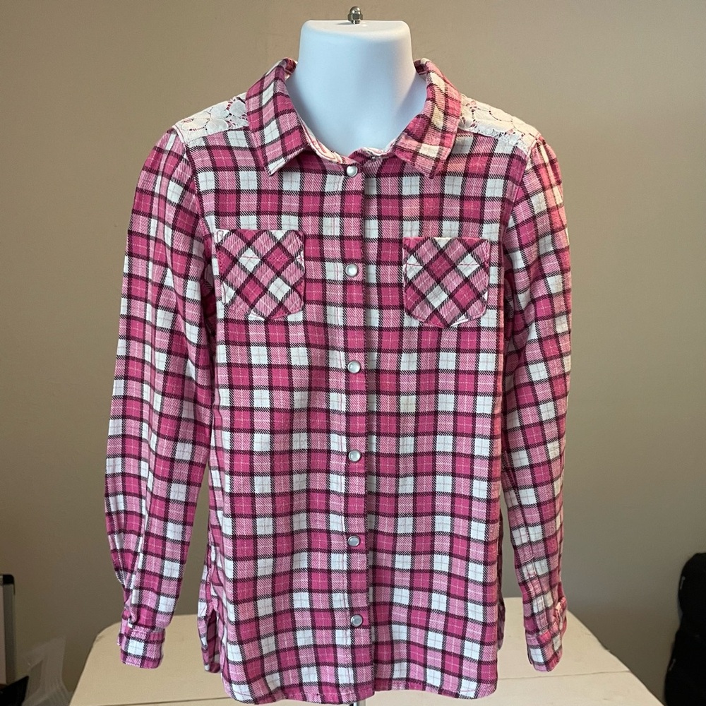 Pink Plaid Kids Shirt with Lace Detail